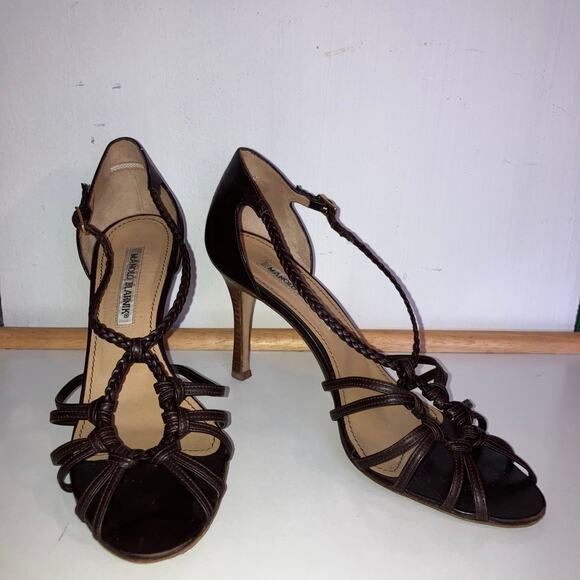 Vintage Manolo Blahnik brown braided leather strappy open toe stiletto heels - Picture 3 of 16
